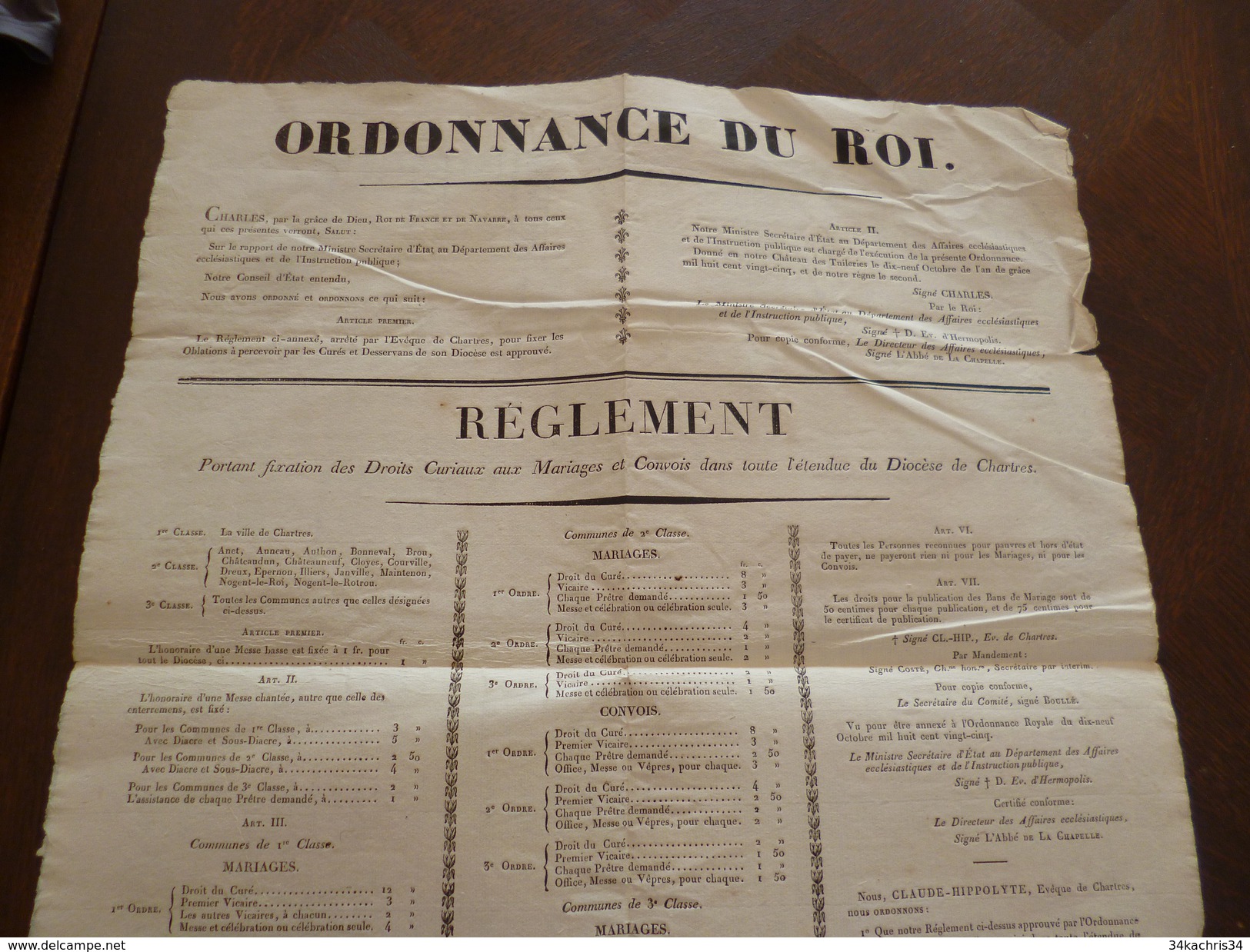 Affiche Placard Ordonnance Du Roi Chartres Fixation Des Droits Curiaux De Mariage Et Convois 22/01/1826  2X A3 - Décrets & Lois
