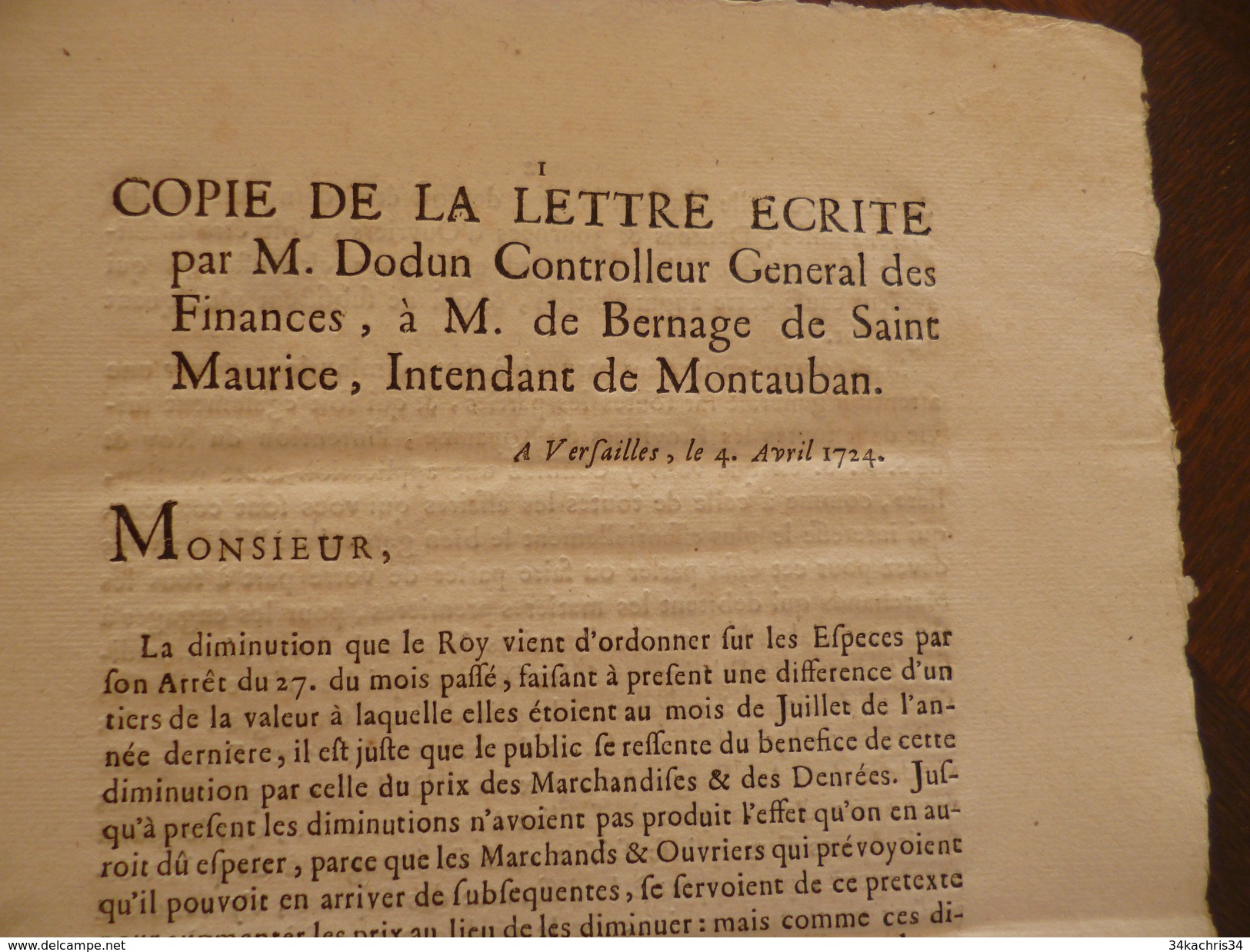 Copie De La Lettre De M.Dodun Finances à M.de Bernage De Saint Maurice Montauban.04/04/1724 A Propos Des Espèces Monnaie - Décrets & Lois
