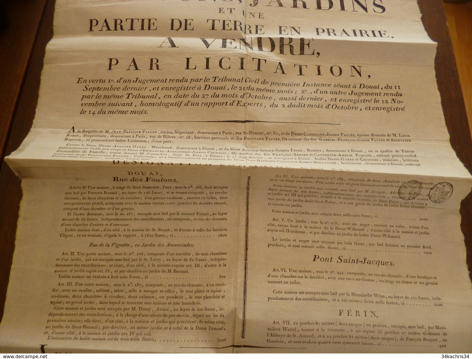 Affiche Placard Vente Douai Et Ferrin Maison, Terrain 1813 4 X A3 - Decrees & Laws