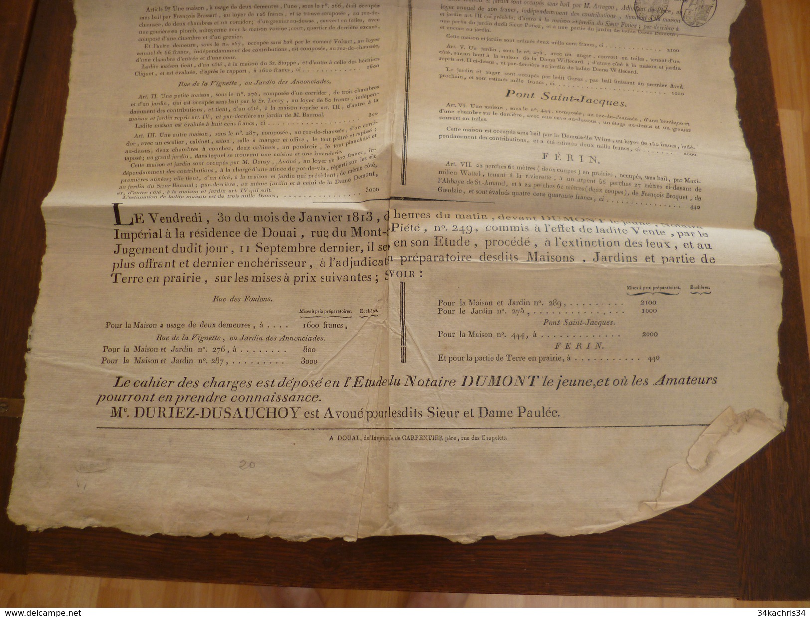 Affiche Placard Vente Douai Et Ferrin Maison, Terrain 1813 4 X A3 - Decrees & Laws