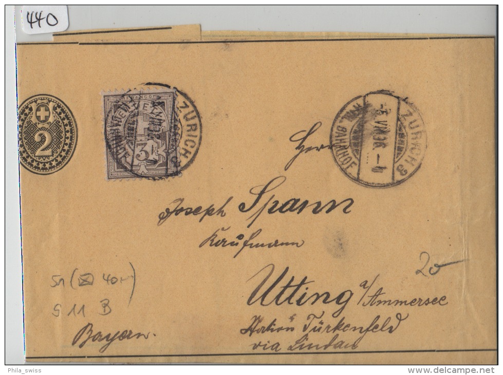 1900 Streifband 15 - Mit Ziffermuster 59B 51Y Fahlgrau - Stempel: Zürich Nach Utting Ammersee Deutschland - Entiers Postaux