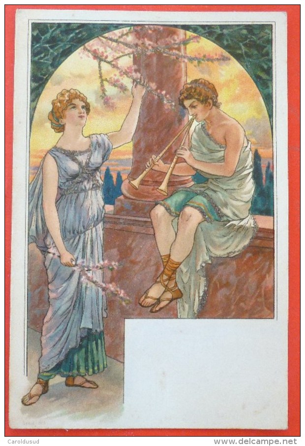 Top Litho Chromo Art Nouveau Precurseur Illustrateur Serie 373 Couple Grec Romain Assis Mur Marbre Flute Double - Avant 1900