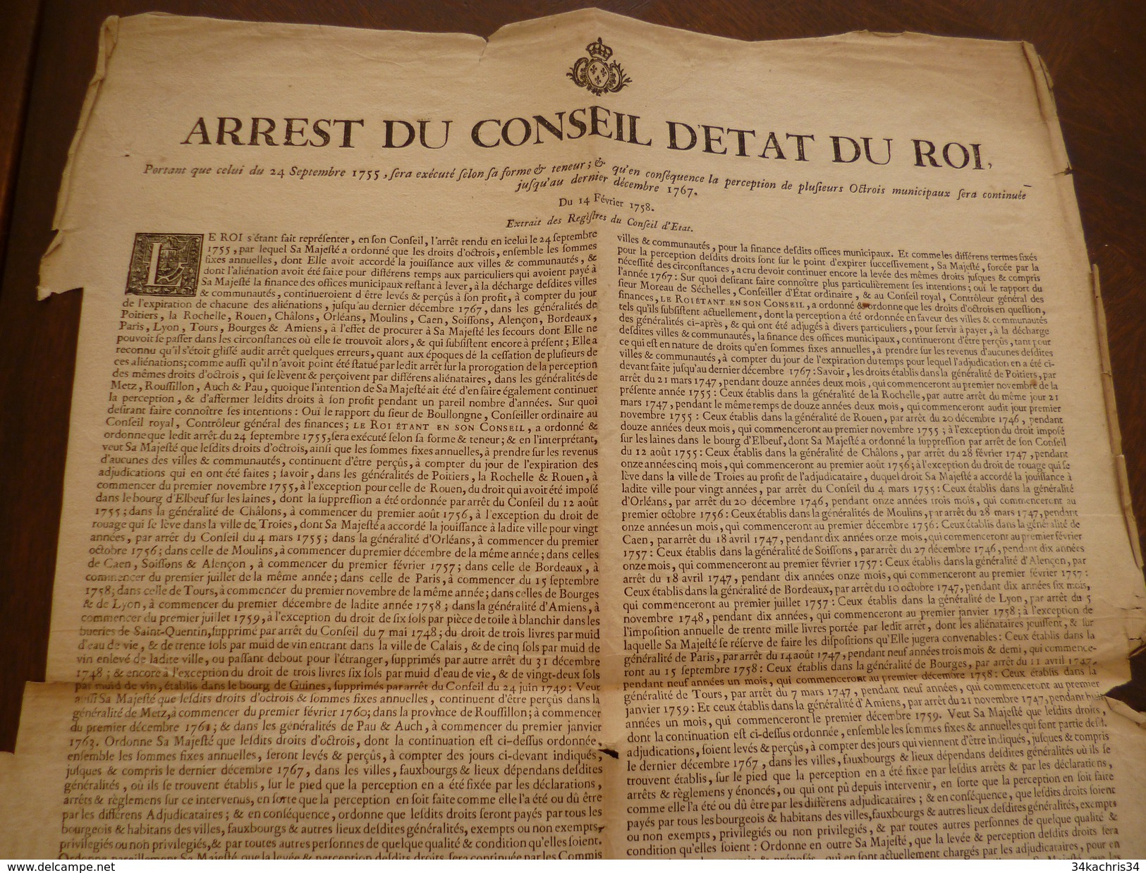 Arrest Du Conseil D'état Du Roi. 14/02/1758 A Propos Des Octrois 2 X A3 Par Genty - Décrets & Lois