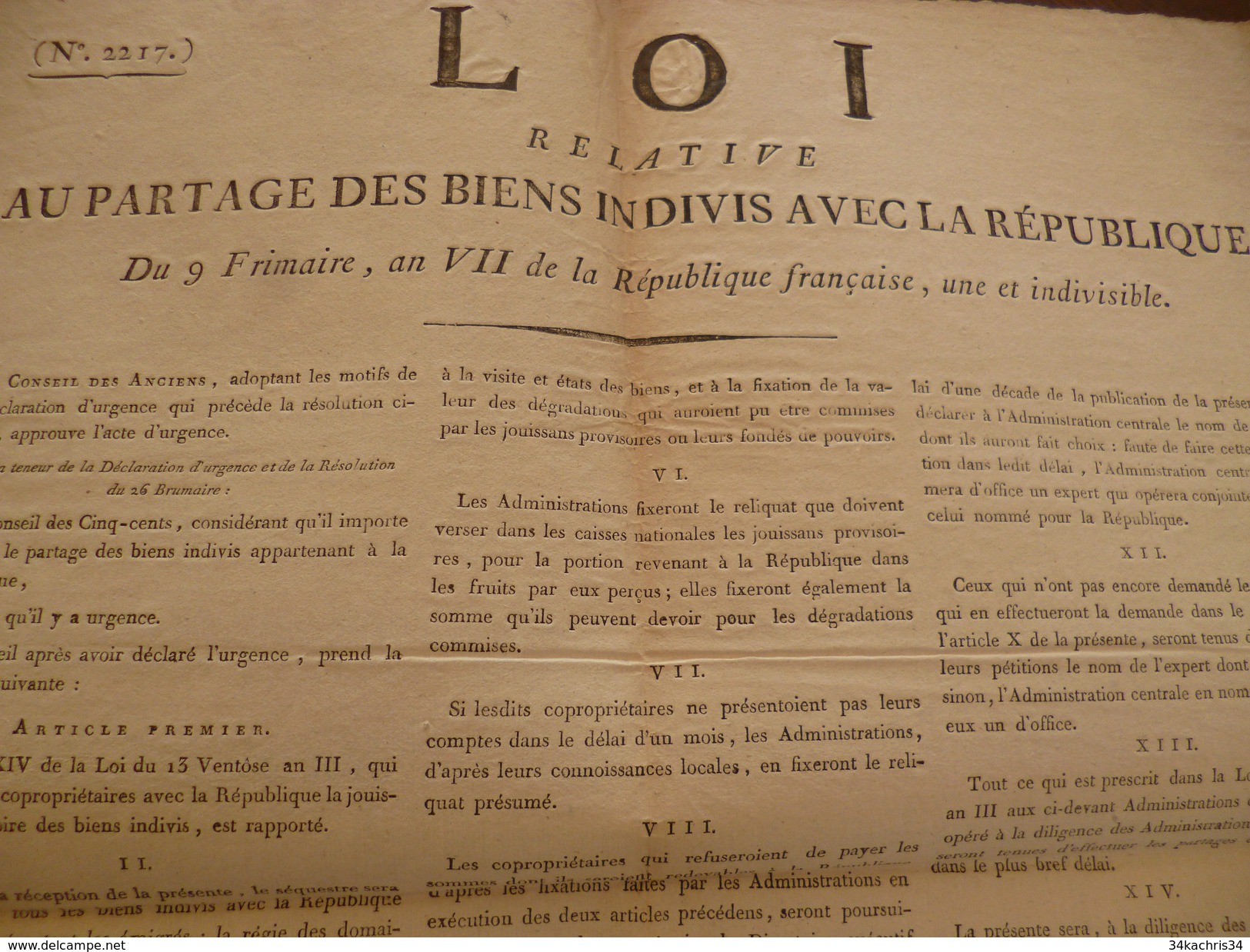 Loi Révolution Partage Des Biens Indivis 9 Fr. An VII. A Bordeaux Partarieu Lavosse 2 X A3 - Gesetze & Erlasse