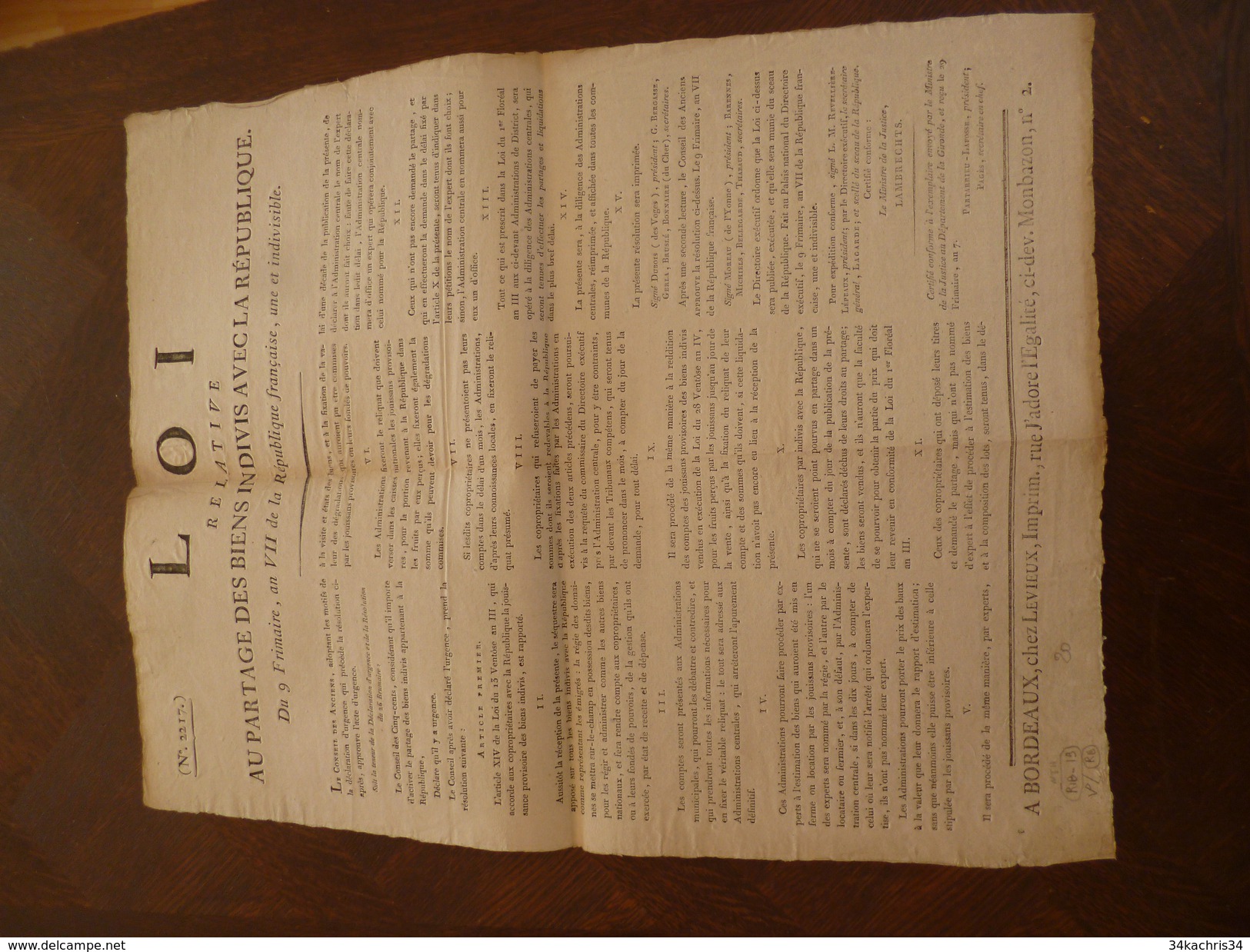 Loi Révolution Partage Des Biens Indivis 9 Fr. An VII. A Bordeaux Partarieu Lavosse 2 X A3 - Gesetze & Erlasse