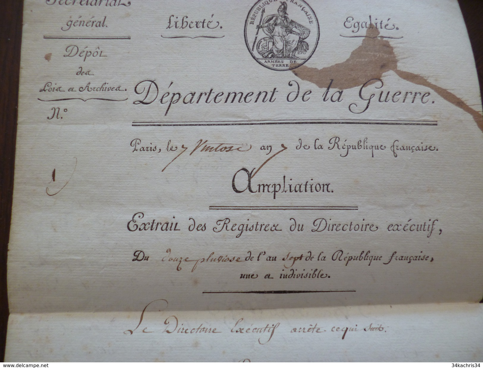 Manuscrit Révolution An VII Département De La Guerre Dépêches Courriers Diligences Signé Simonin Rarissme - Décrets & Lois