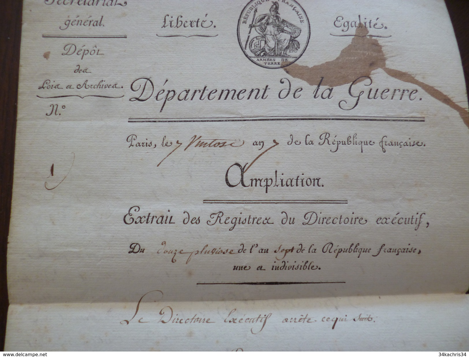 Manuscrit Révolution An VII Département De La Guerre Dépêches Courriers Diligences Signé Simonin Rarissme - Gesetze & Erlasse