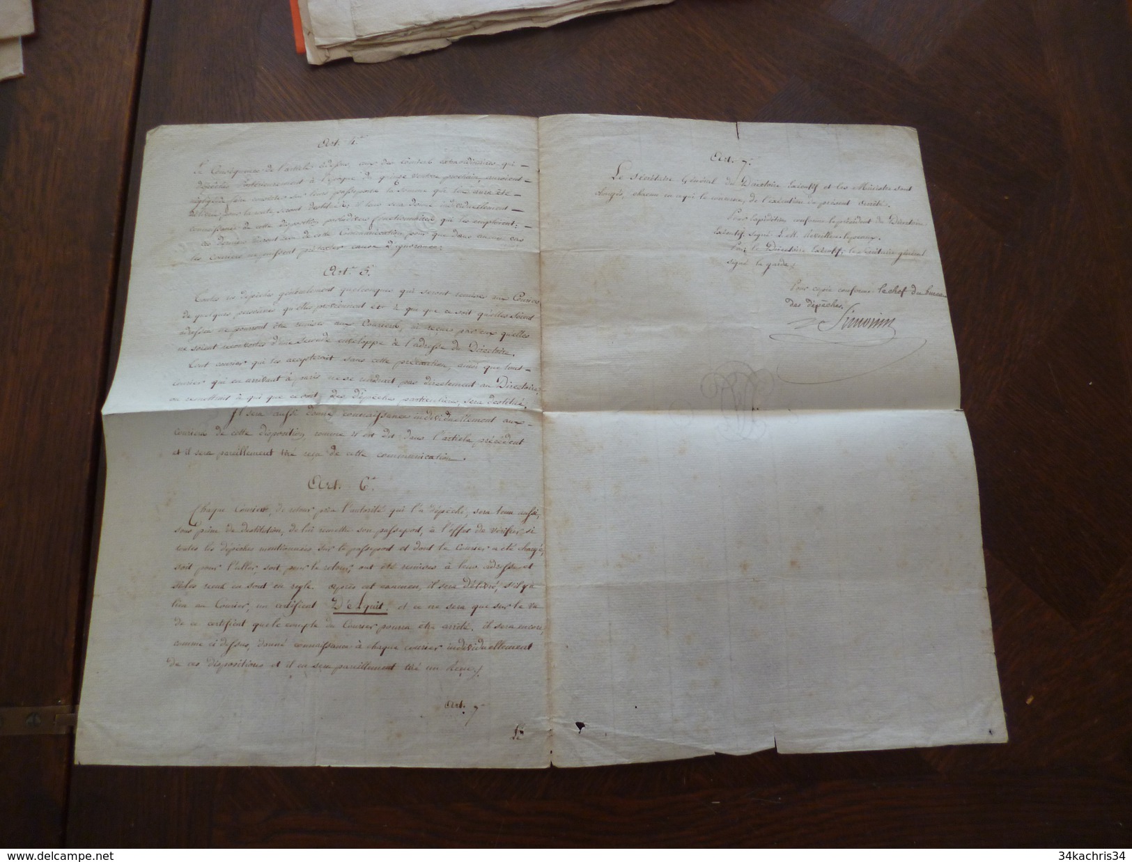 Manuscrit Révolution An VII Département De La Guerre Dépêches Courriers Diligences Signé Simonin Rarissme - Decrees & Laws