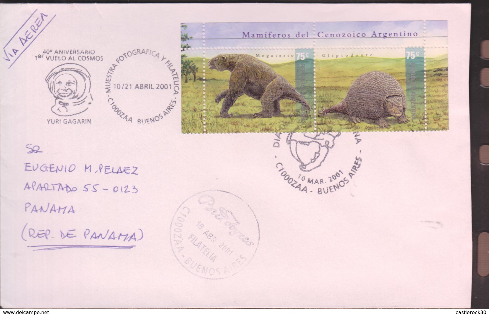 O) 2001 ARGENTINA, MEGATERIO,GLIPTODONTE,MAMMALS OF ARGENTINE CENOZOIC-TERTIARY,FLIGHT TO THE COSMOS YURI GAGARIN CANCEL - Used Stamps