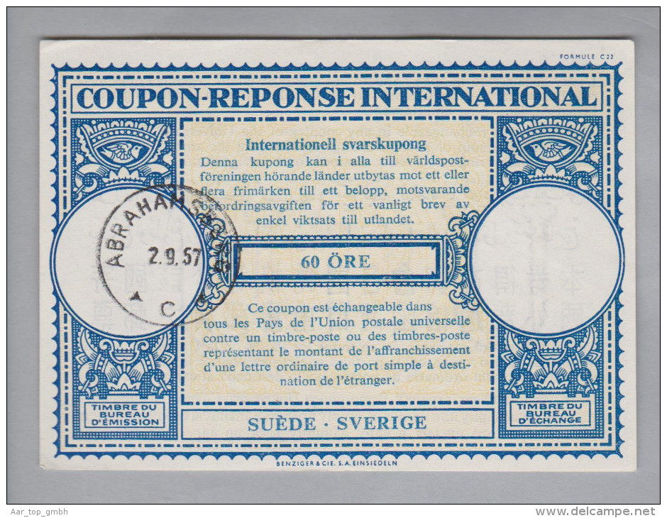 Schweden Ganzsachen Coupon Réponse International 1957-09-02 Abrahamsweg 60 Öre - Entiers Postaux