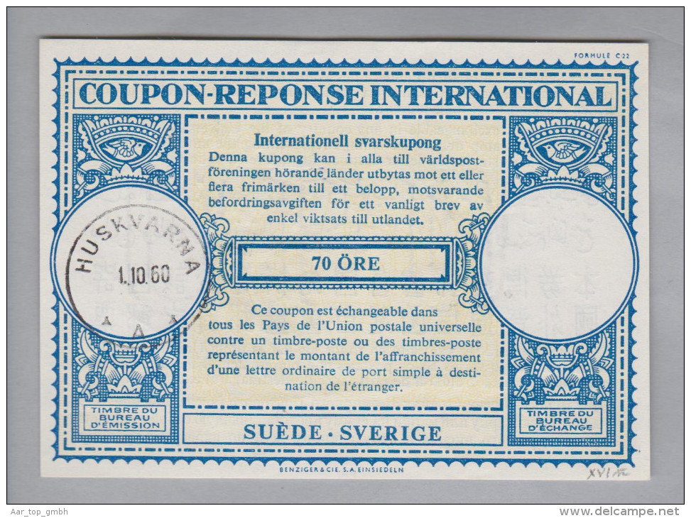 Schweden Ganzsachen Coupon Réponse International 1960-10-01 Huskvarna 70 Öre - Entiers Postaux