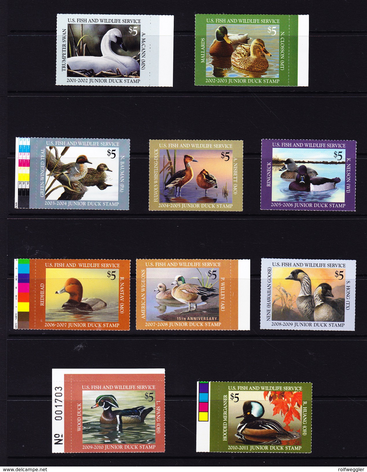 USA Junior DUCK'S Stamps 2001-2010 Lot 10 Marken  ** Postfrisch Teils Bogenrand  12 X 5 $ Ausgabewert - Duck Stamps