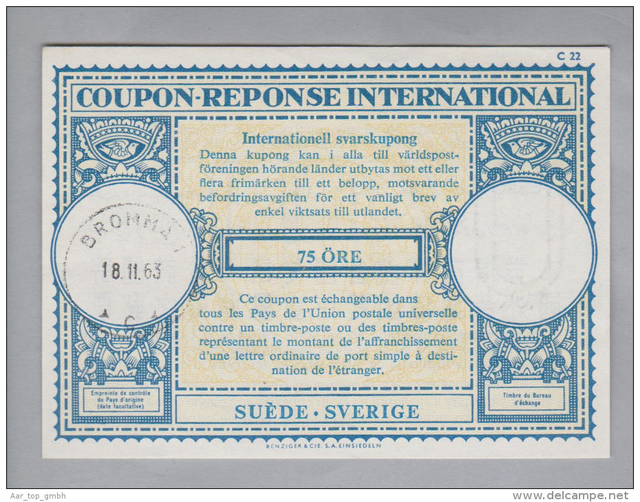 Schweden Ganzsachen Coupon Réponse International 1963-02-18 Bromma 75 Öre - Entiers Postaux