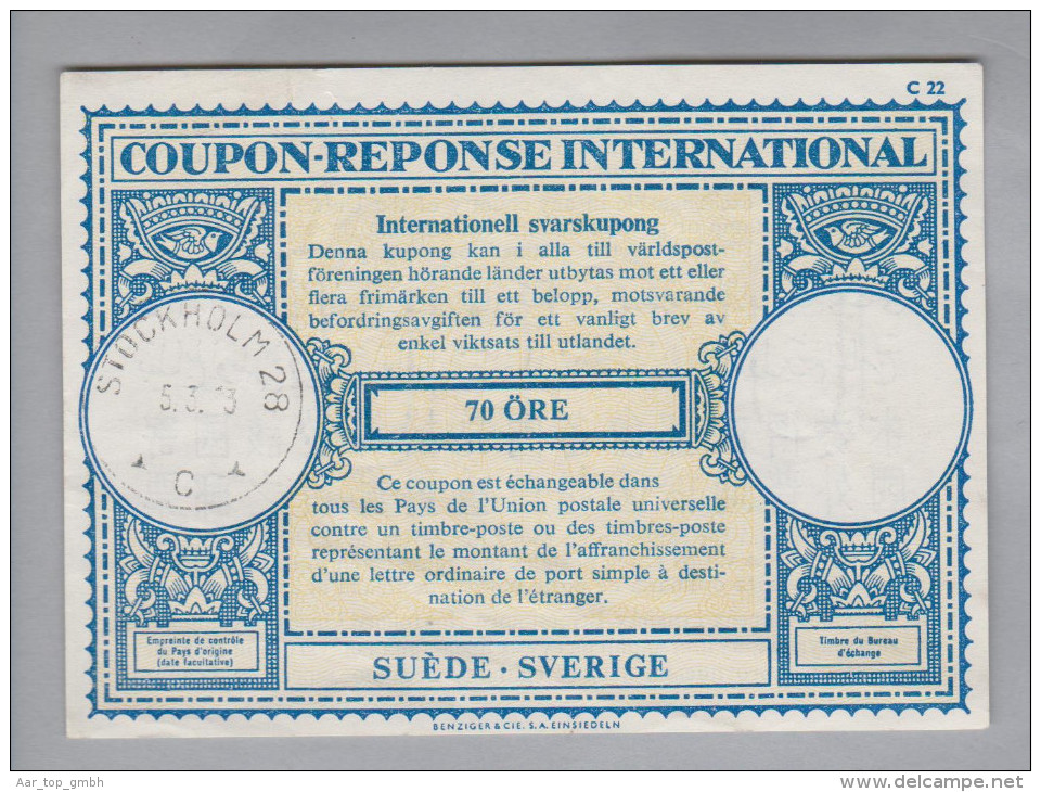 Schweden Ganzsachen Coupon Réponse International 1963-03-05 Stockholm 70 Öre - Entiers Postaux