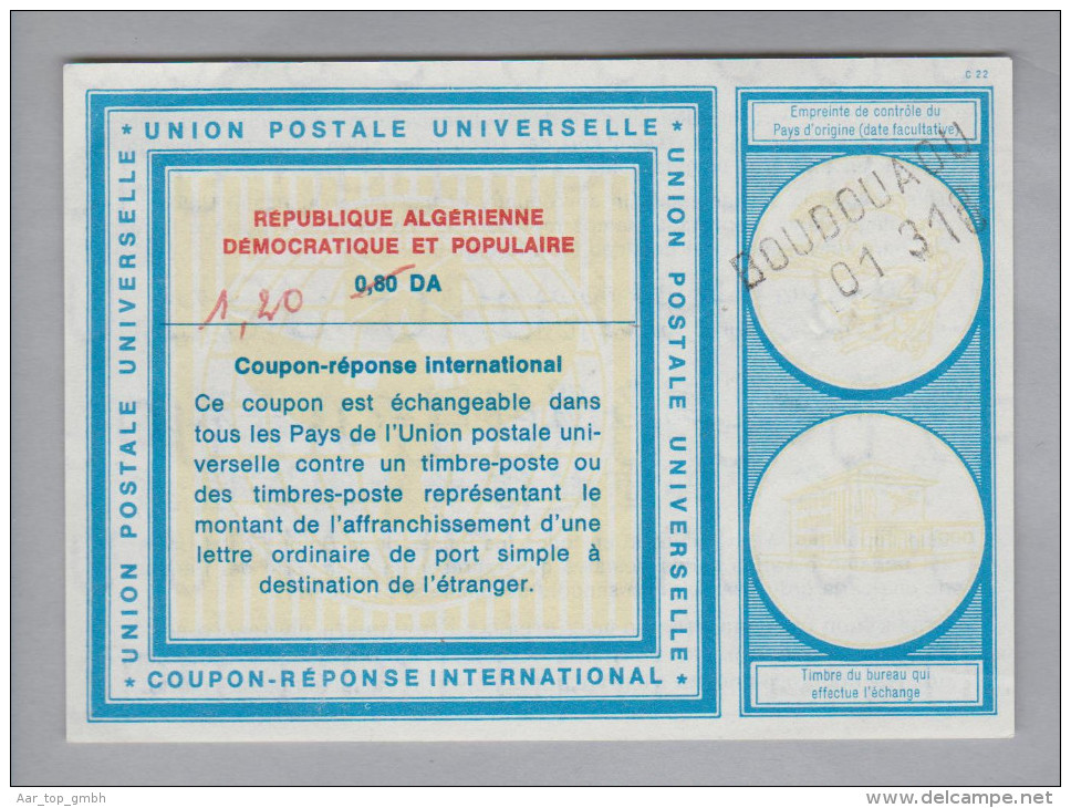 Algerien Ganzsache Coupon Réponse International Boudouaou 1.20 DA Statt 0.80 DA - Algérie (1962-...)