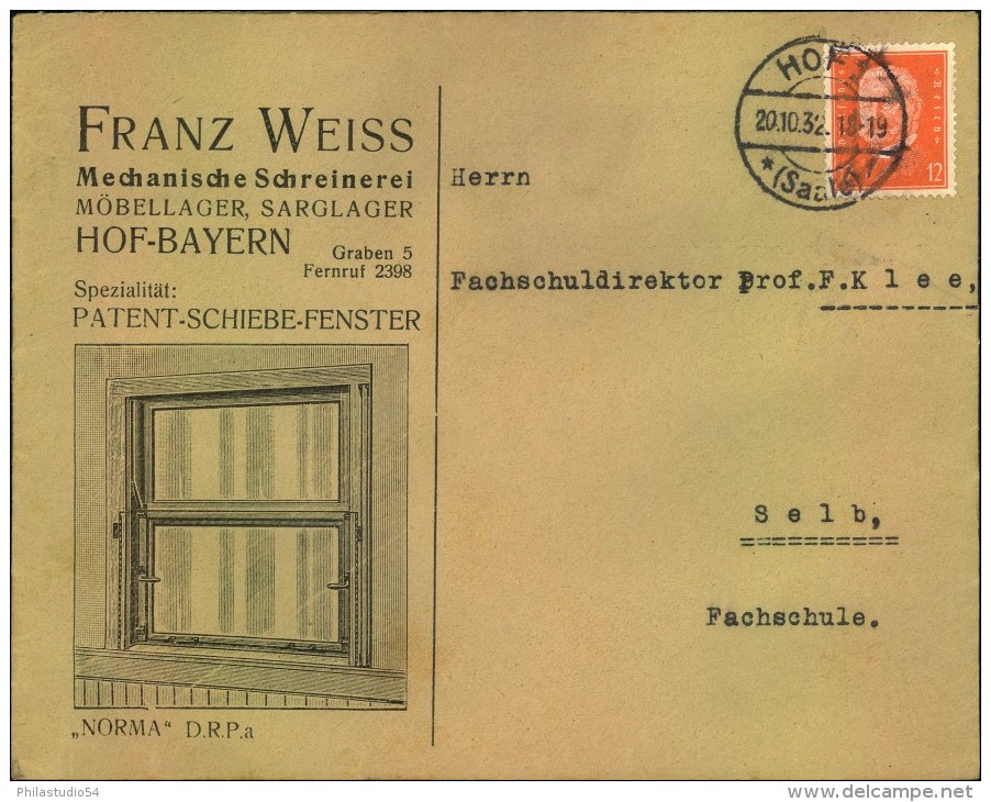 1932,HOF-BAYER, Toller Firmen-Werbebrief, Reklame, Franz Weiss, Mechan. Schreinerei, Möbellager, Sarglager, Schiebe-Fens - Sonstige & Ohne Zuordnung