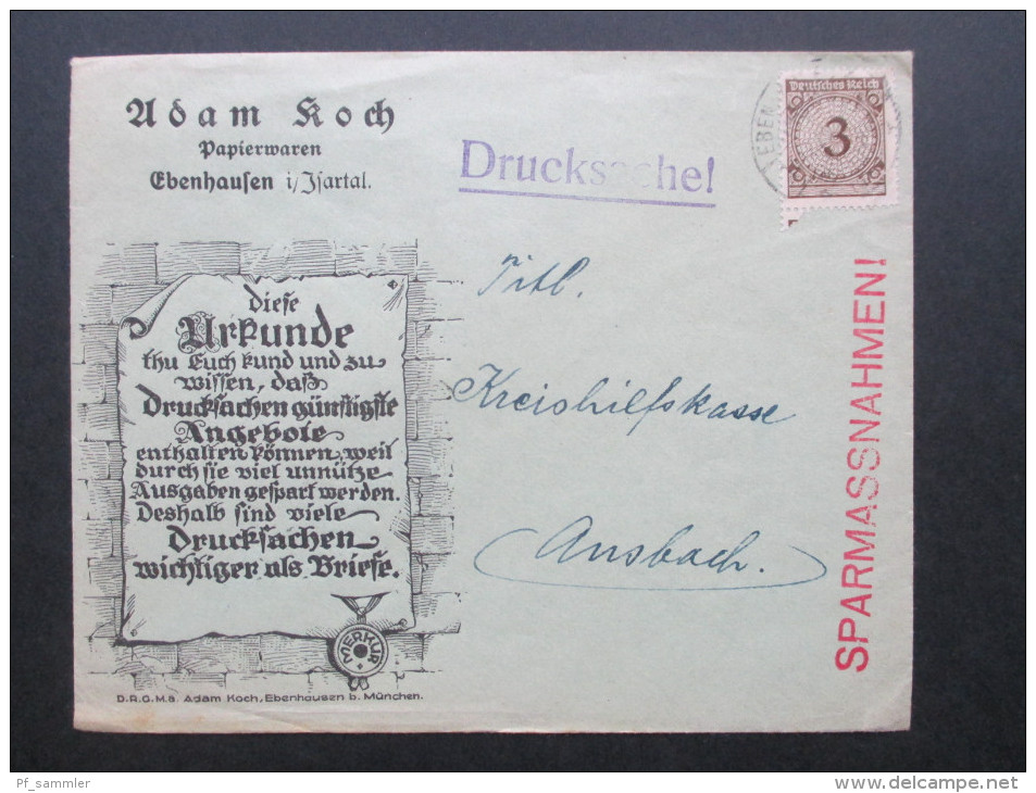 DR 1920er Jahr Nr. 338 Einfachfrankatur . Korbdeckel. Frmenbrief. Adam Koch Papierwaren Ebenhausen. Die Urkunde... - Briefe U. Dokumente