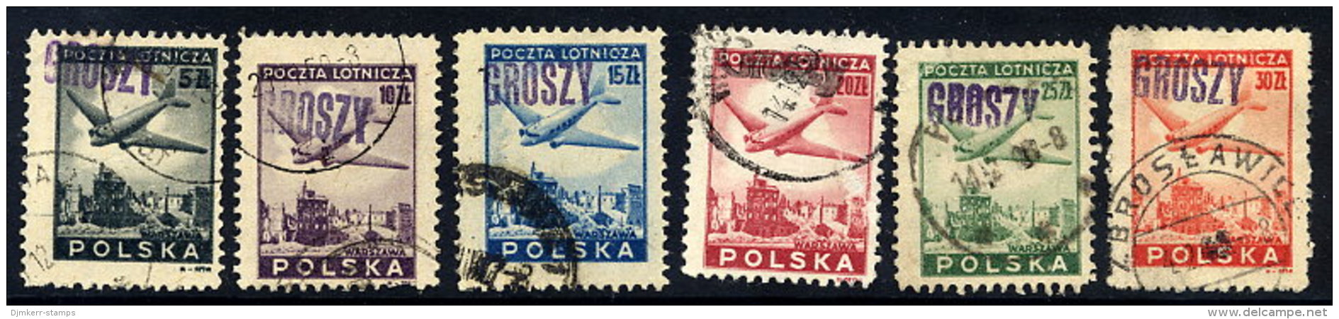 POLAND 1950 Currency Reform Handstamp On Aircraft Over Warsaw Airmail Set, Used.  Michel A564-B565 - Usati