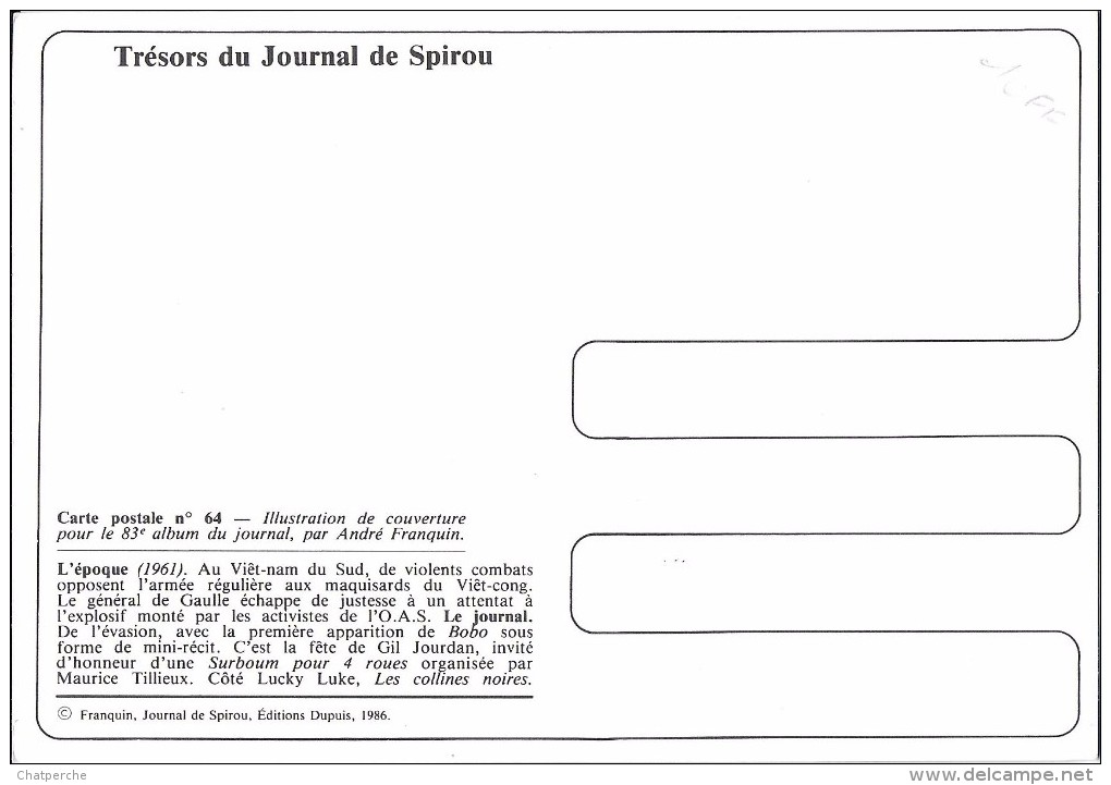 B.D. BANDE DESSINEE ILLUSTRATEUR ANDRE FRANQUIN TRESOR DU JOURNAL SPIROU CP N° 64 COUVERTURE N° 83 - Bandes Dessinées