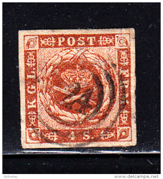 Denmark Used Scott #4 4s Royal Emblems  Cancel: 3-ring '?24' - Used Stamps