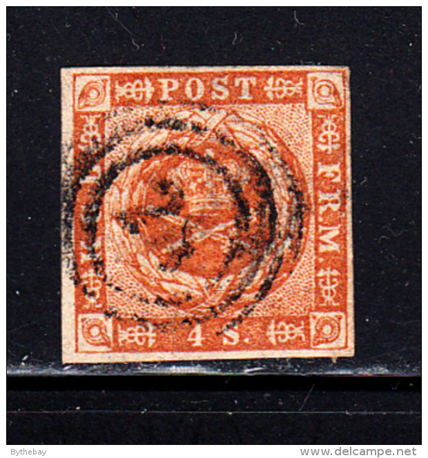 Denmark Used Scott #4 4s Royal Emblems  Cancel: 3-ring '28' - Used Stamps