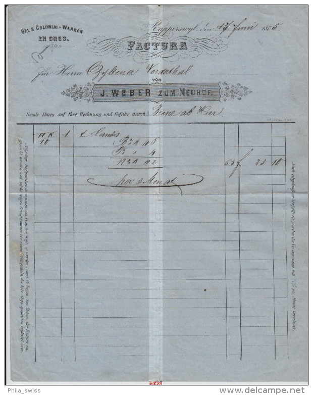 1875  Factura - J. Weber Zum Neuhof - Oel & Colonial-Waren En Gros - Rapperwyl - Nach Vorderthal - Suisse