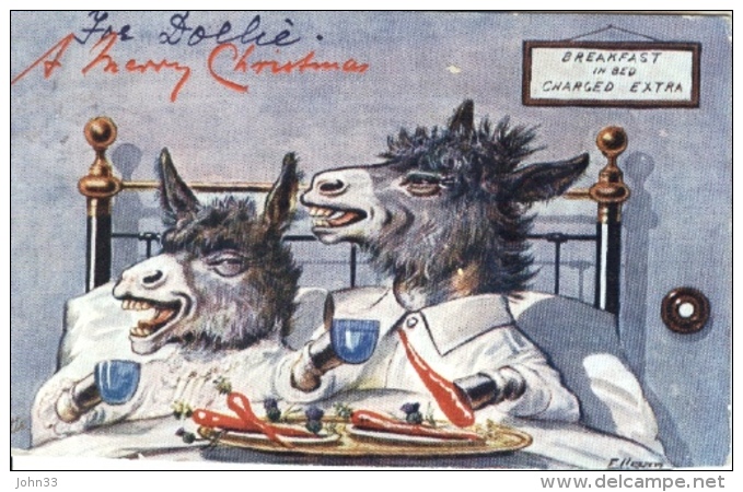 W.R. Ellam -   Two Donkeys Having Breakfast In Bed : A Merry Christmas   -   9321 - Tuck, Raphael