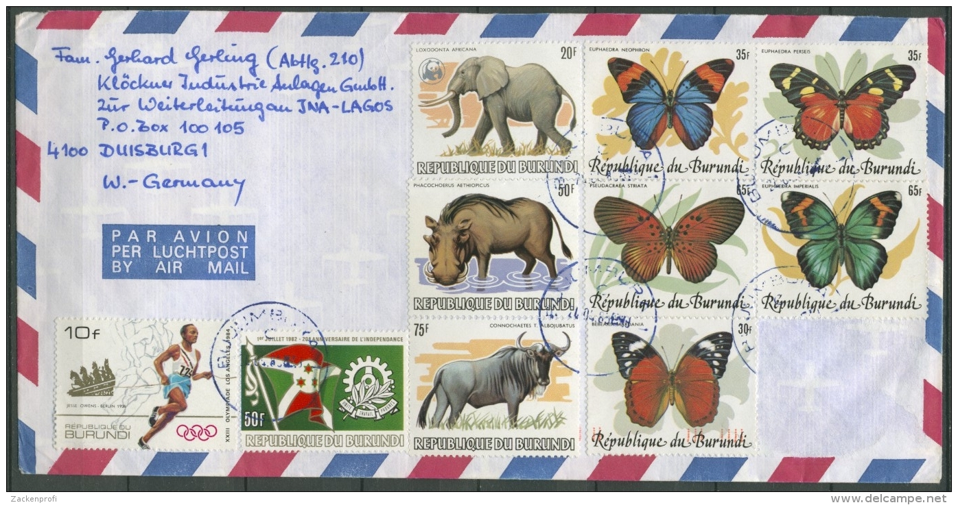 Burundi 1982 Tiere 1590, 1594, 1600 U. Schmetterlinge 1635/39 A Brief (T13126) - Used Stamps