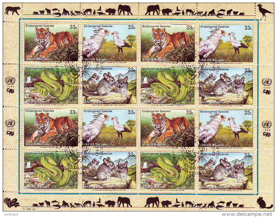 U.N. 1999 ENDANGERED SPECIES  MINI SHEET  FDC CANCEL    TIGER-SNAKE ETC. - Oblitérés