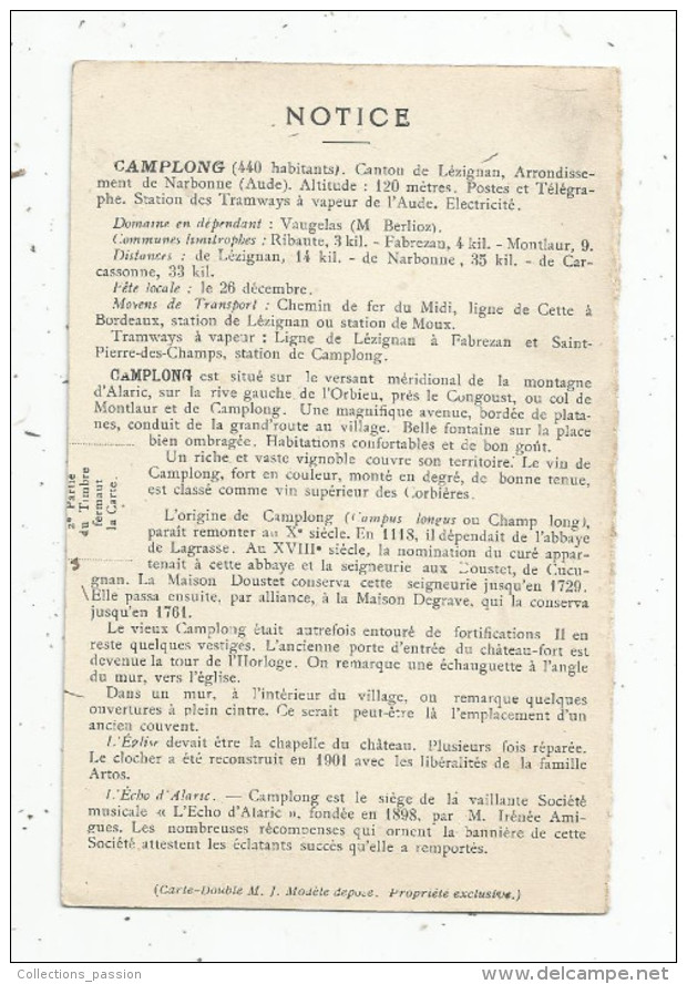 Partie Cp D´une Cp Double , 34 , CAMPLONG , La Place , Notice Au Verso , 2 Scans - Andere & Zonder Classificatie