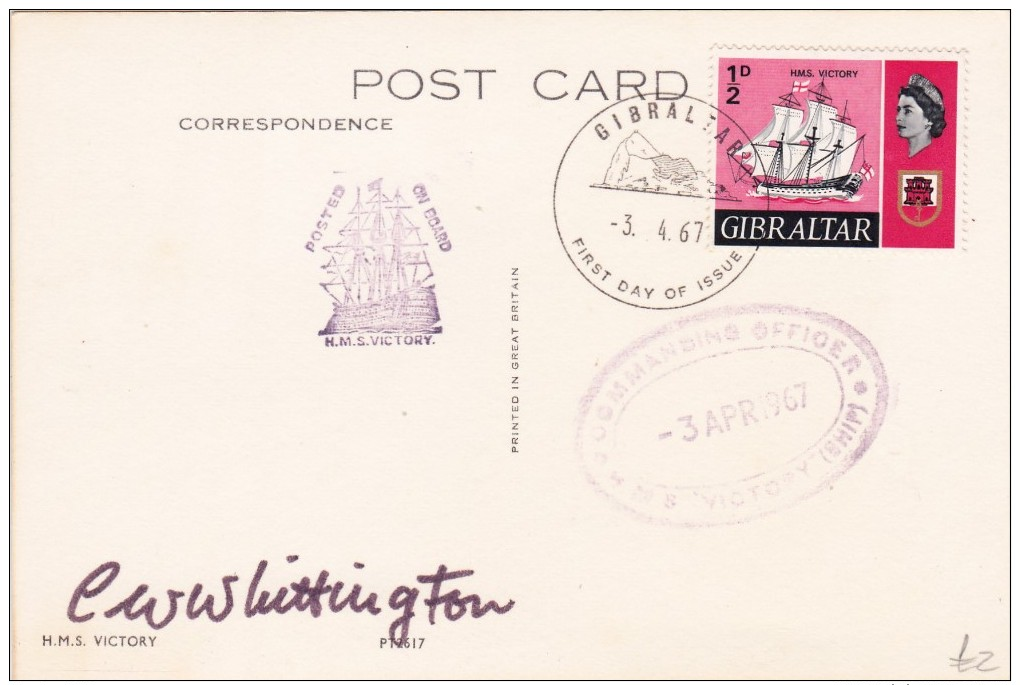 Post Card Of H.M.S Victory In Gibraltar,First Day Of Issue,Posted With Stamp,D3. - Gibilterra