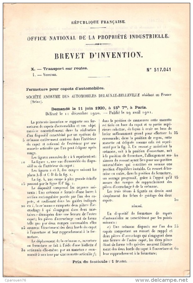 Document Ancien 1920 Fermeture De Capot Pour Voiture Delaunay-Belleville - Machines