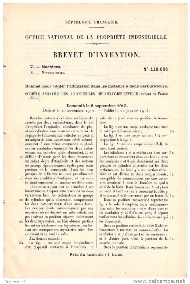 Document Ancien 1912 Robient De Règlage Admission Moteurs à 2 Carburateurs   Voiture Delaunay-Belleville - Machines