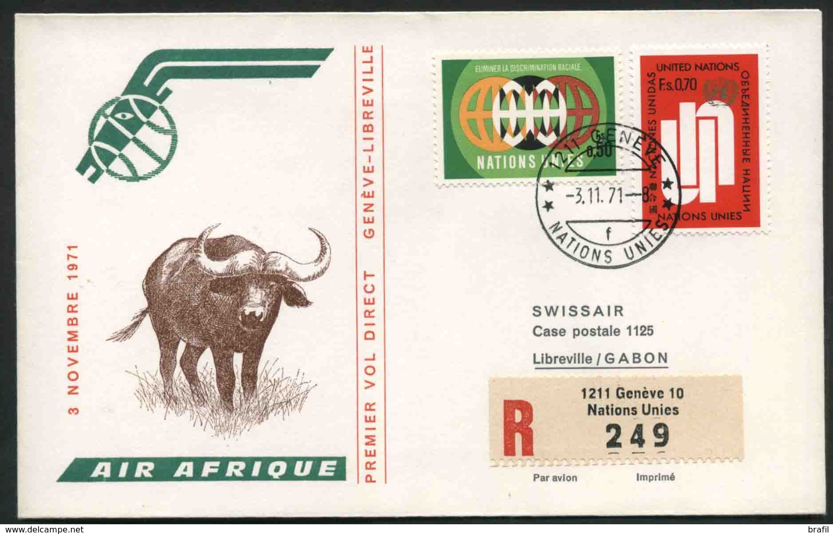 1971 Nazioni Unite Ginevra, Primo Volo First Flight Air Afrique Ginevra - Libreville (Gabon), Timbro Di Arrivo - Poste Aérienne