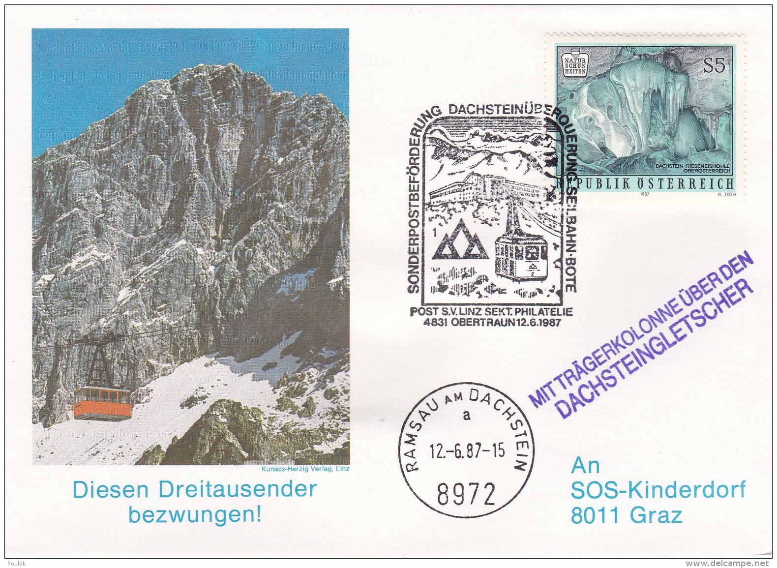 Austria Cover P/m Obertraun 1987 Mit Trägerkolonne über Dem Dachsteingletscher (G35-28) - Post