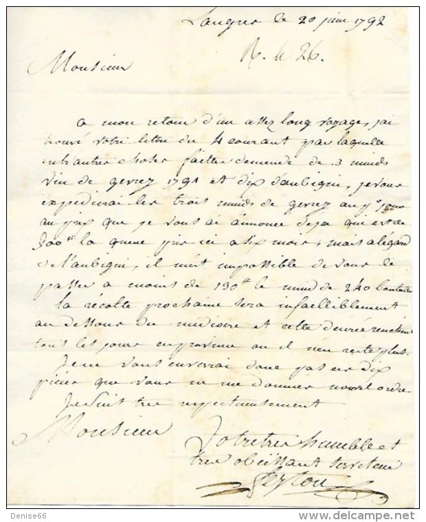 20 Juin 1792 - LANGRES (52) - Commande De VIN De GEVREY (1791) Et D'AUBIGUI - 130 L Le Muid De 240 Bouteilles - Documents Historiques