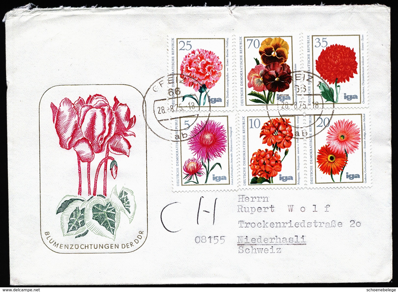 A4246) DDR Brief Mit Satz Blumenzüchtungen Mi.2070-2075 Von Greiz 28.8.75 In Die Schweiz - Sonstige & Ohne Zuordnung