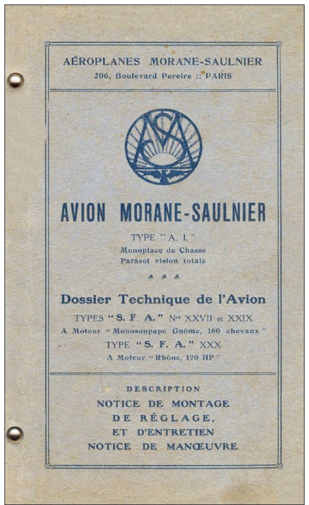 AERONAUTICA AVIATION Morane Saulnier Mod AI 1918 (fra) Manual - DOWNLOAD - Aviazione