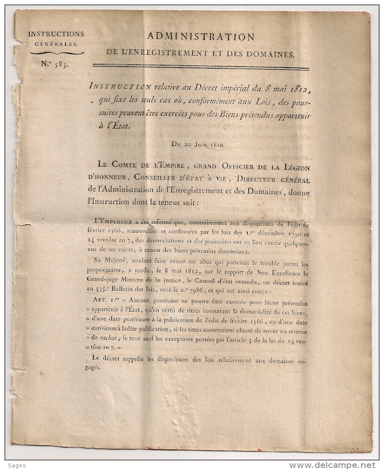 N° 583. CAS DE POURSUITE. 1812. Administration Enregistrement Domaines.  2 FEUILLETS. 5 SCANS. - Décrets & Lois