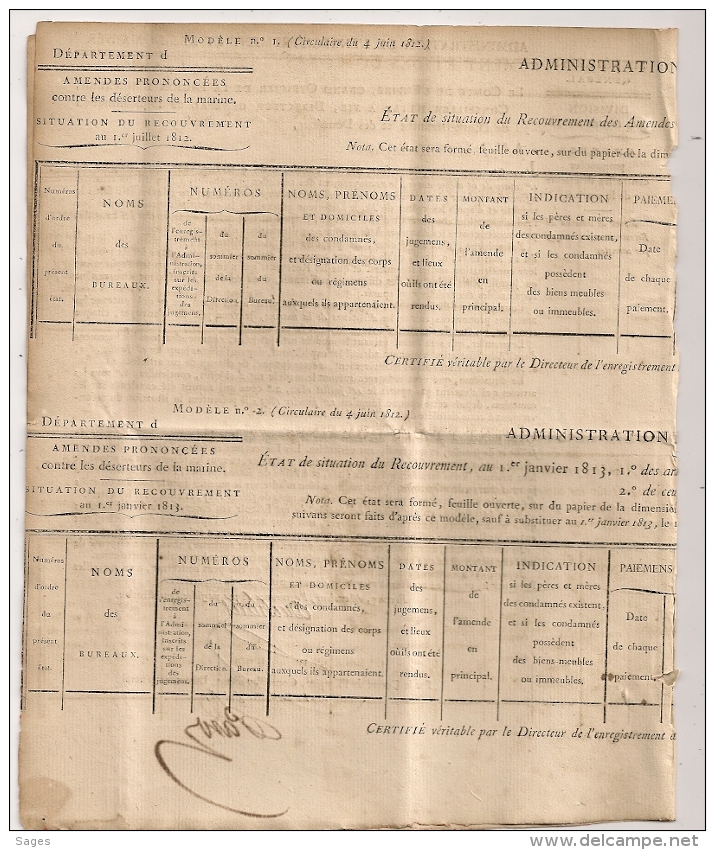 AMENDES CONTRE DESERTEURS DE LA MARINE. 1812. Administration Enregistrement Domaines.  2 FEUILLETS. 5 SCANS. - Décrets & Lois