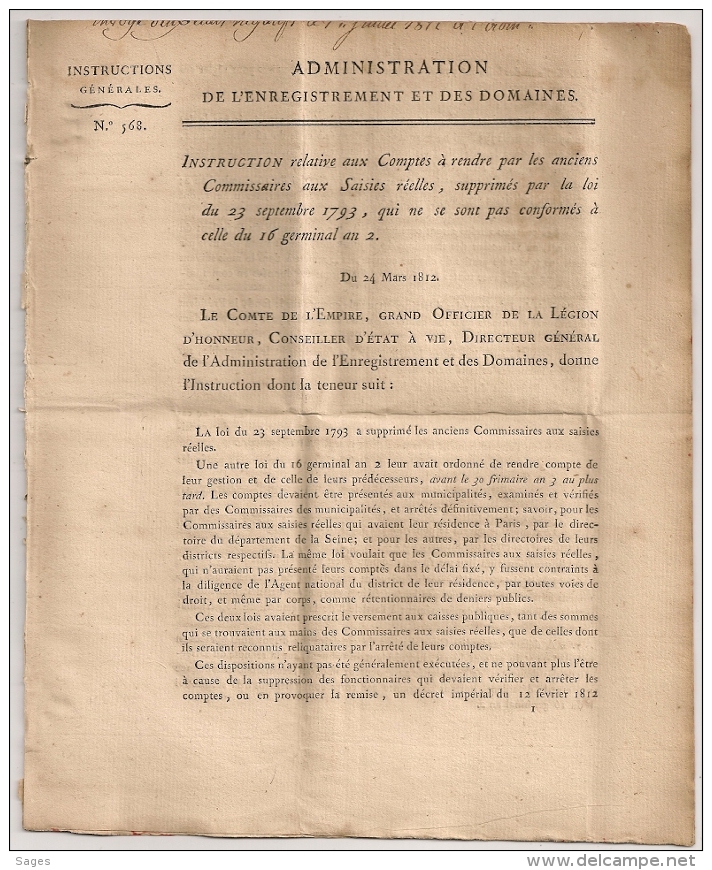 N° 568. COMMISSAIRES AUX SAISIES. 1812. Administration Enregistrement Domaines.  4 FEUILLETS. - Décrets & Lois