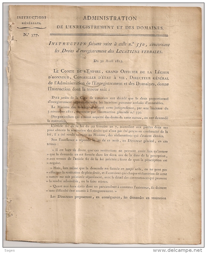 N° 577, 578. LOCATIONS VERBALES Et GRATIFICATION GENDARMES 1812. Administration Enregistrement Domaines.  2 FEUILLETS. - Décrets & Lois