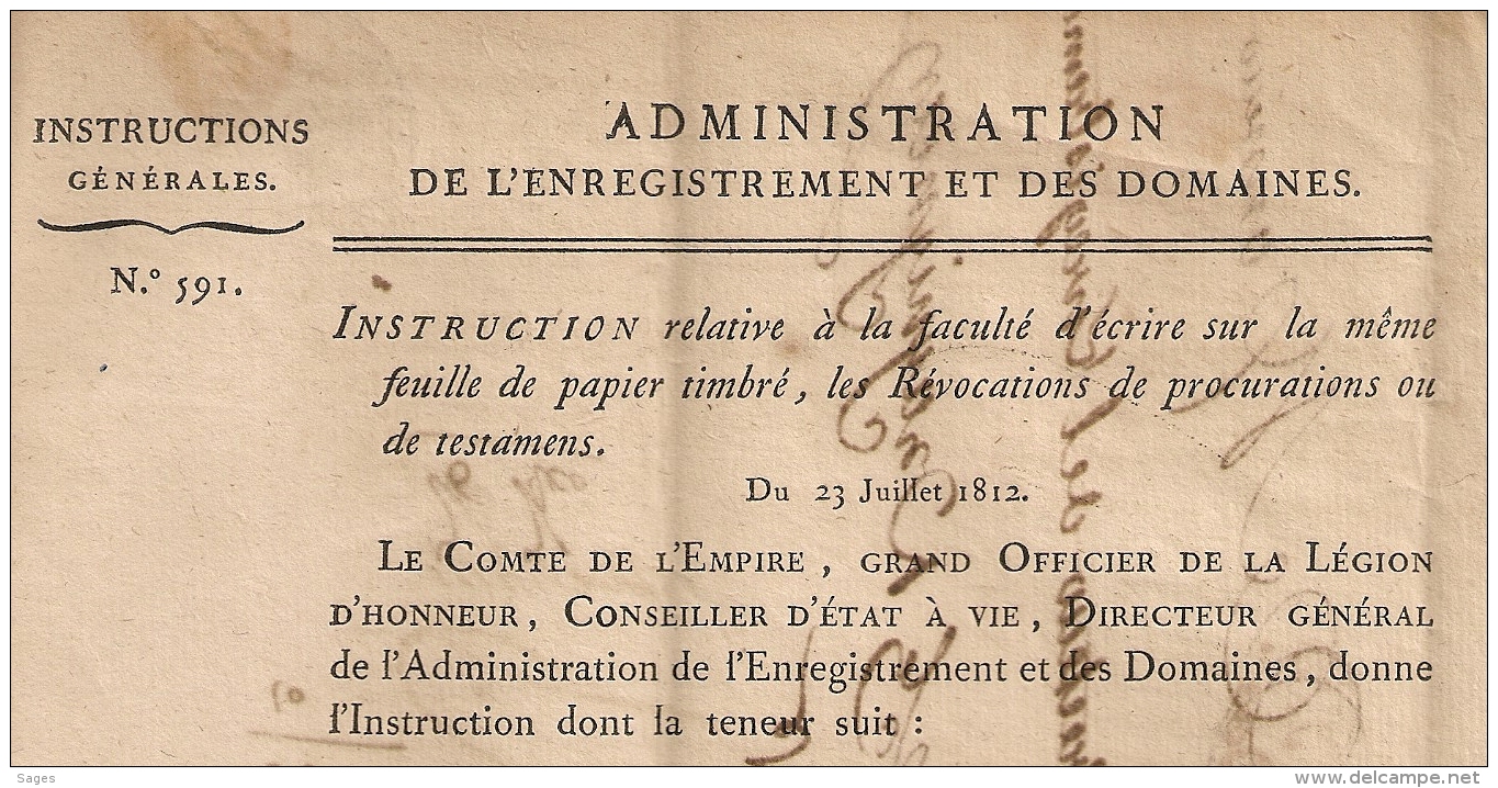 N° 591 REVOCATION PROCURATIONS TESTAMENS 1812. Administration Enregistrement Domaines.  1 FEUILLET. - Décrets & Lois