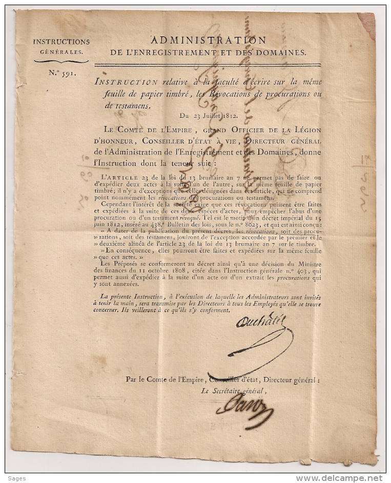 N° 591 REVOCATION PROCURATIONS TESTAMENS 1812. Administration Enregistrement Domaines.  1 FEUILLET. - Décrets & Lois