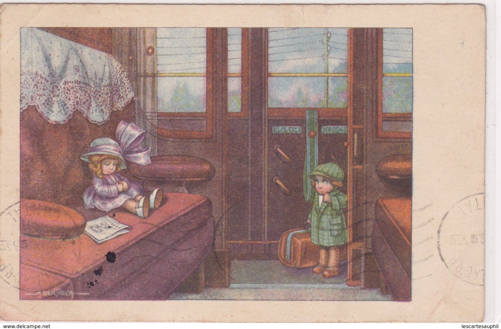 Illustrateur Bertiglia Train Wagon Petit Garcon Et Petite Fille Dans Une Meme Voiture Ne Voulant Pas La Reveillée - Bertiglia, A.