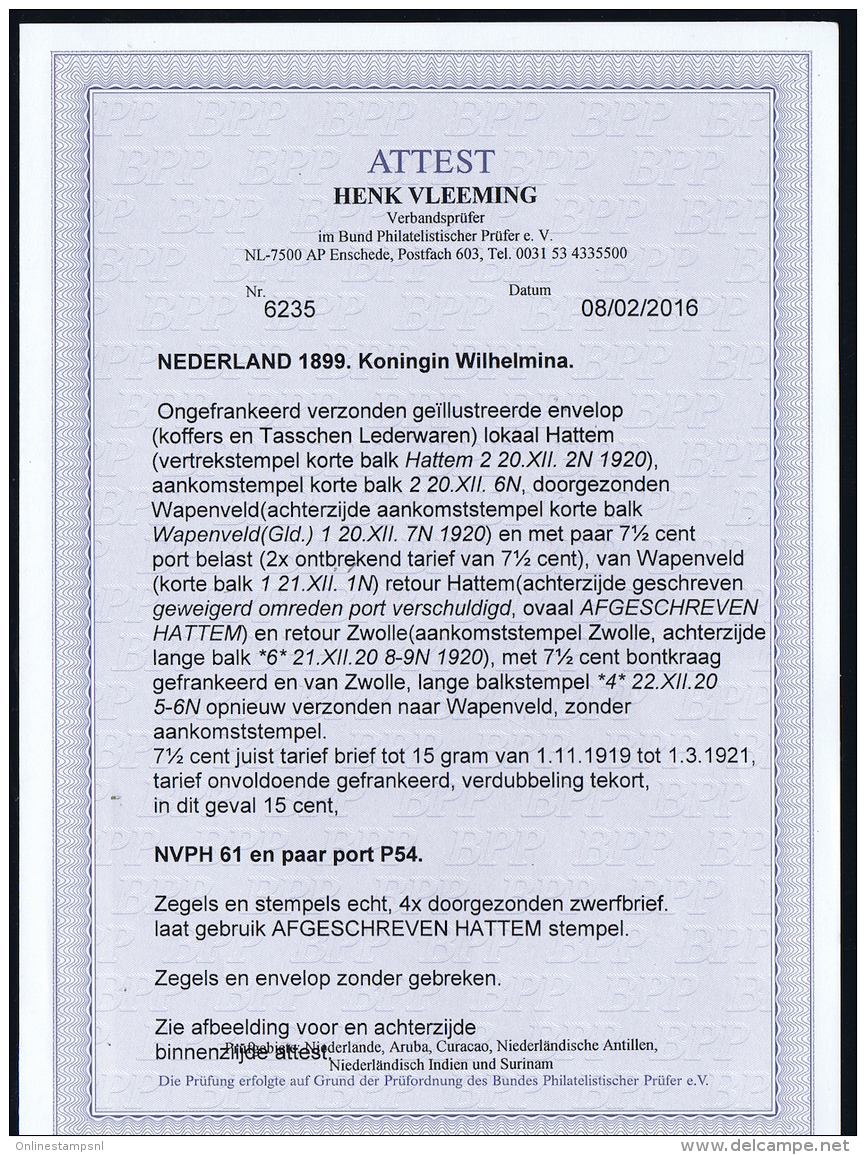 NL: Zwerfbrief Geïllustreerde Envelop 1920 Hattem Wapenveld Beport Geweigerd Ivm Port Retour Zwolle Cert Vleeming 2016 - Brieven En Documenten