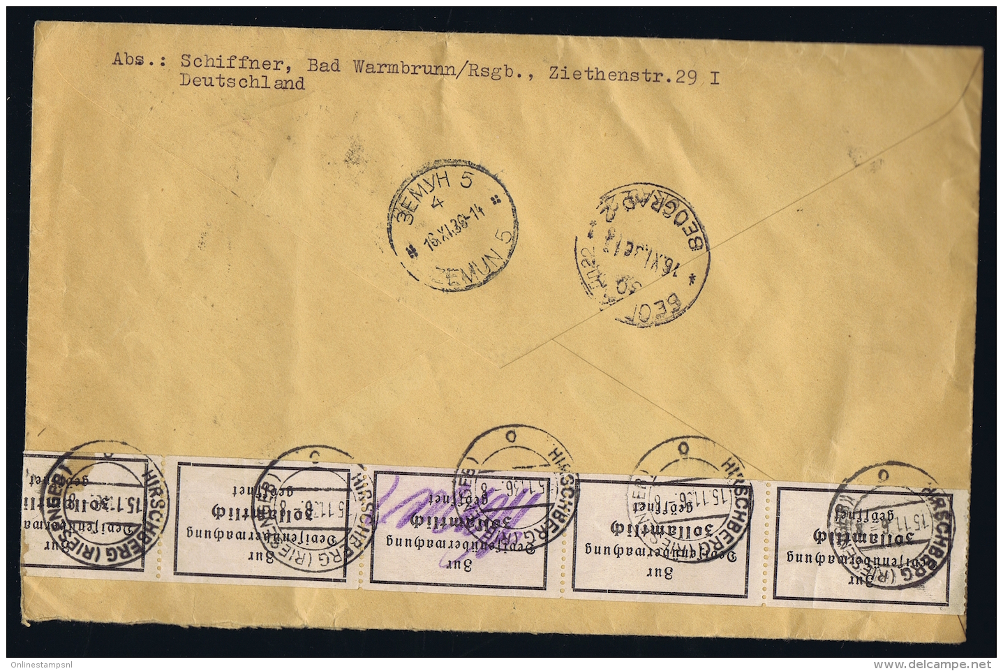 Deutsche Reich , Mischfrankatur Block 4x + 606 EinschreibenBad Warmbrunn ->   Beograd,  Zensur - Airmail & Zeppelin