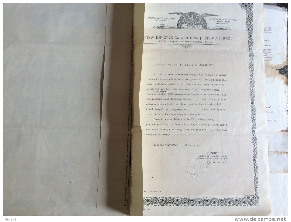 LIFE INSURANCE POLICY BEOGRAD    SERBIA   1927.  FENIKS - Banque & Assurance