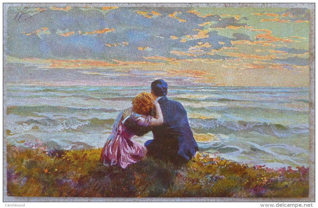 Cpa LITHO Chromo Illustrateur GUERZONI SELECTO N° 23 COUPLE ASSIS FALAISE COUCHE SOLEIL MER Ecrite 1917 - Guerinoni