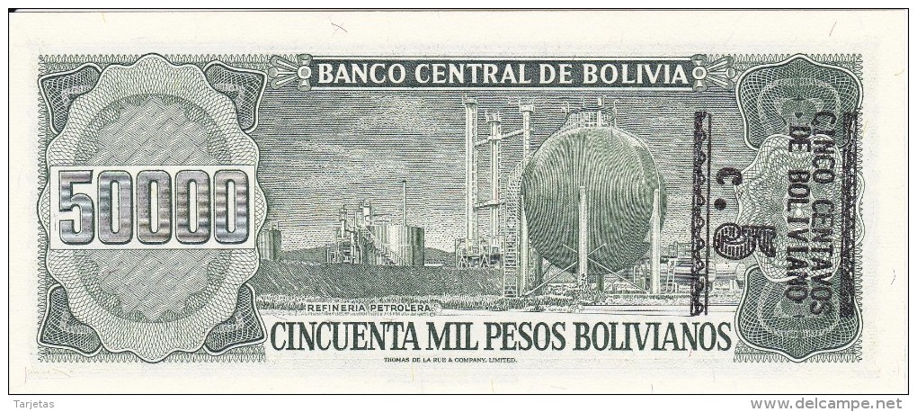 BILLETE DE BOLIVIA DE 50000 PESOS BOLIVIANOS DEL AÑO 1984 CON RESELLO DE 5 CENTAVOS DE BOLIVIANO (BANKNOTE) SIN CIRCULAR - Bolivia